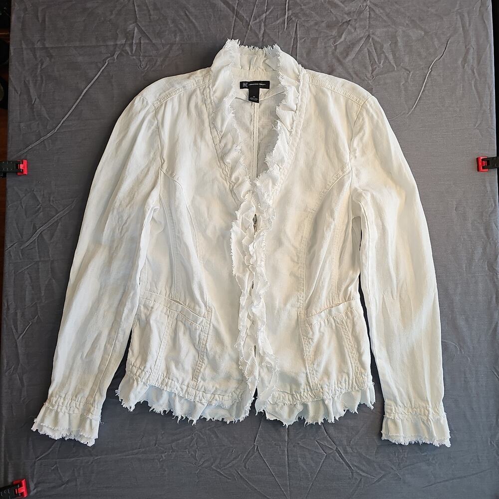 INC International Concepts Linen Jacket Womens M White Ruffle Raw Edge Zip